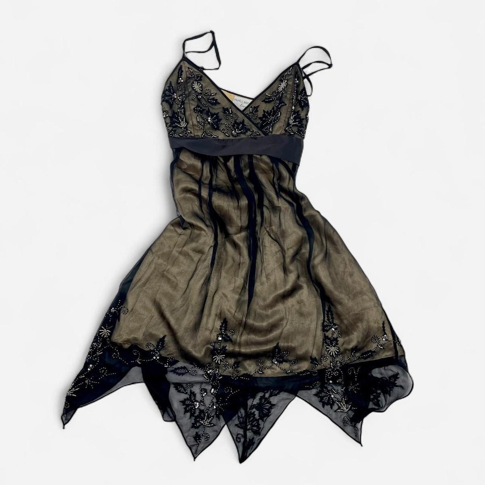 Adrianna Papell Olive Green and Black Asymmetrical Handkerchief Hem Dress